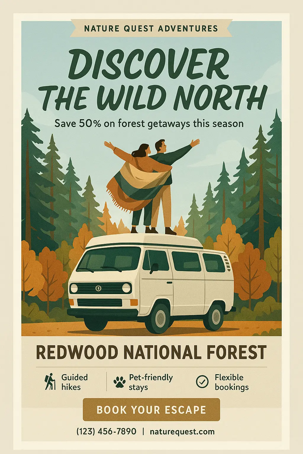 Travel Poster template with forest scene and camper van