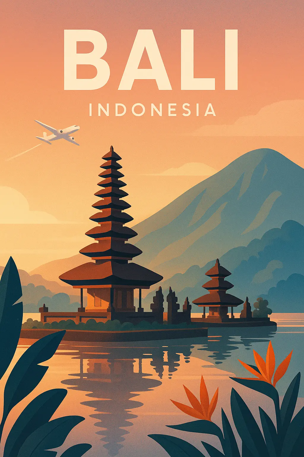 Bali Travel Poster template featuring serene temple landscape