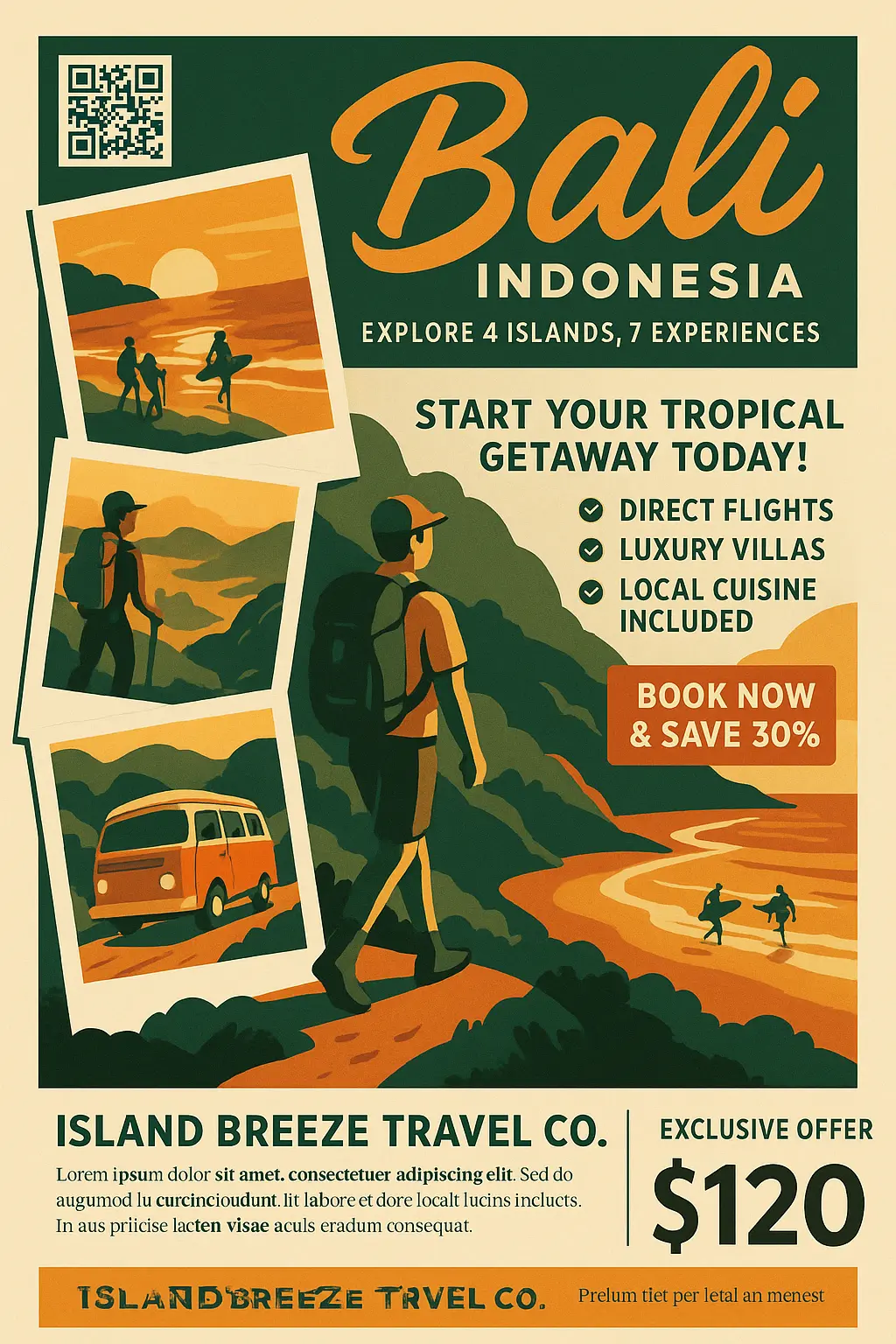 Minimalist Bali travel poster template with sunset and adventure theme