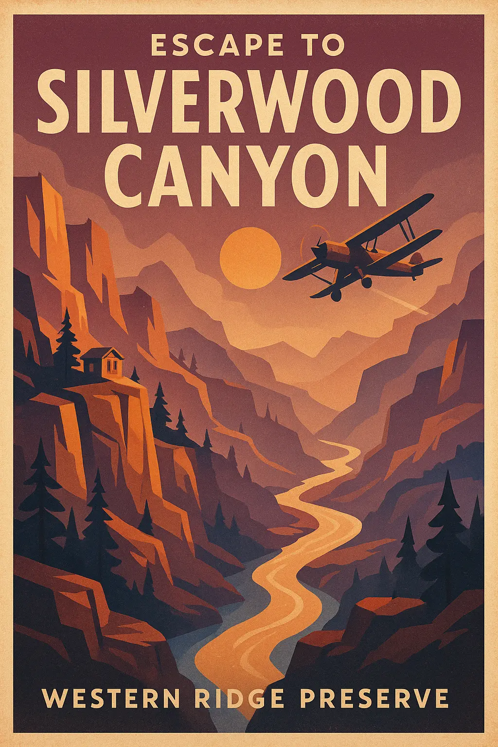 Retro Travel Poster template of canyon with sun and biplane