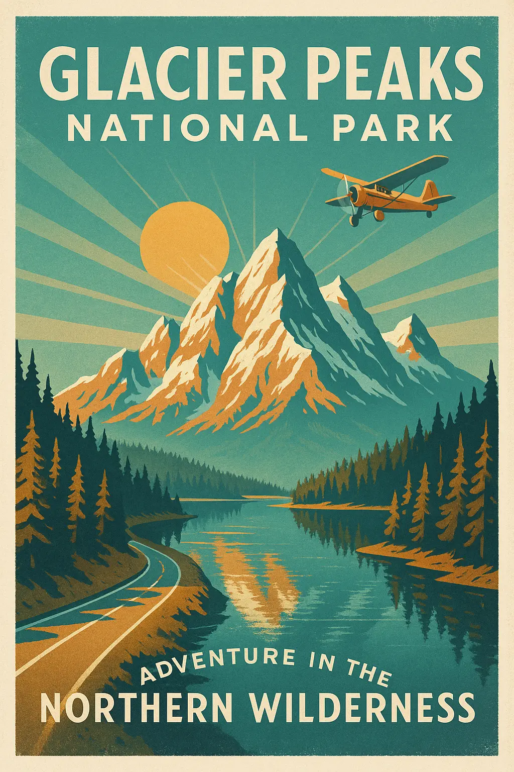 Vintage Travel Poster template of Glacier Peaks with mountains and lake