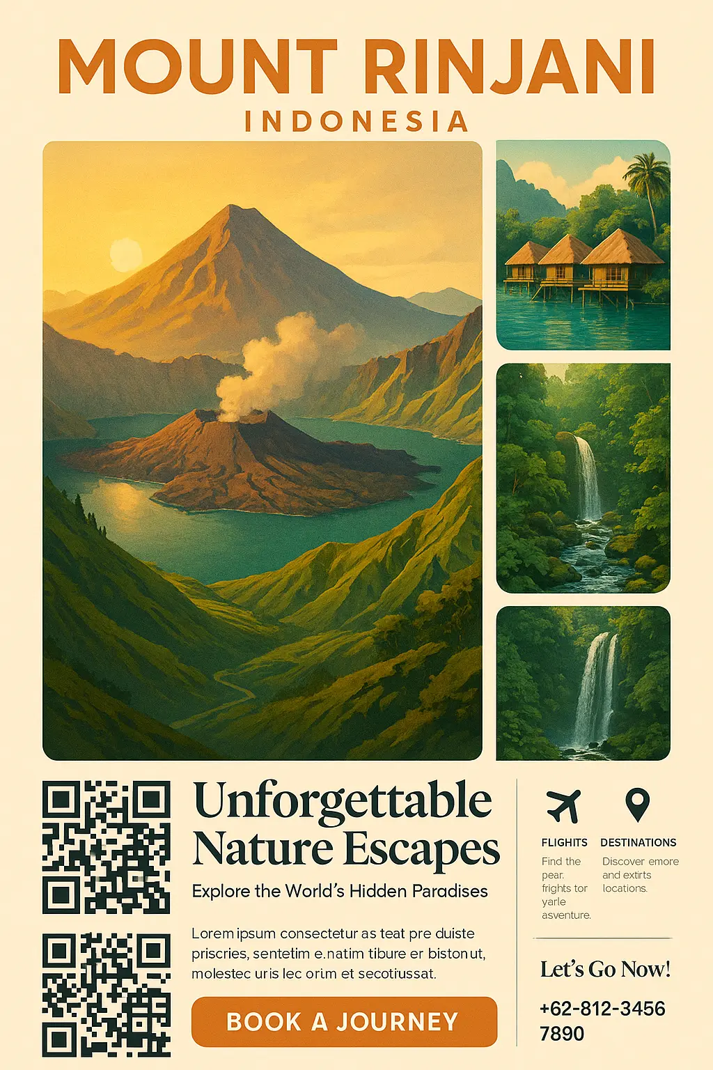 Travel Poster template featuring Mount Rinjani with tropical villas and waterfalls