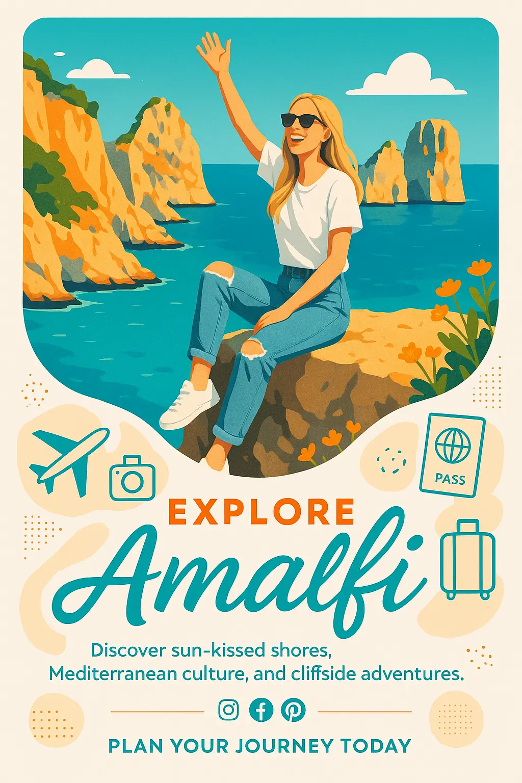 Minimalist Amalfi Coast travel poster template with cliffside scene