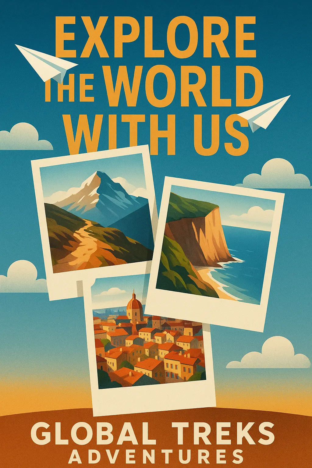 Minimalist Travel Poster template with floating photo frames and paper planes