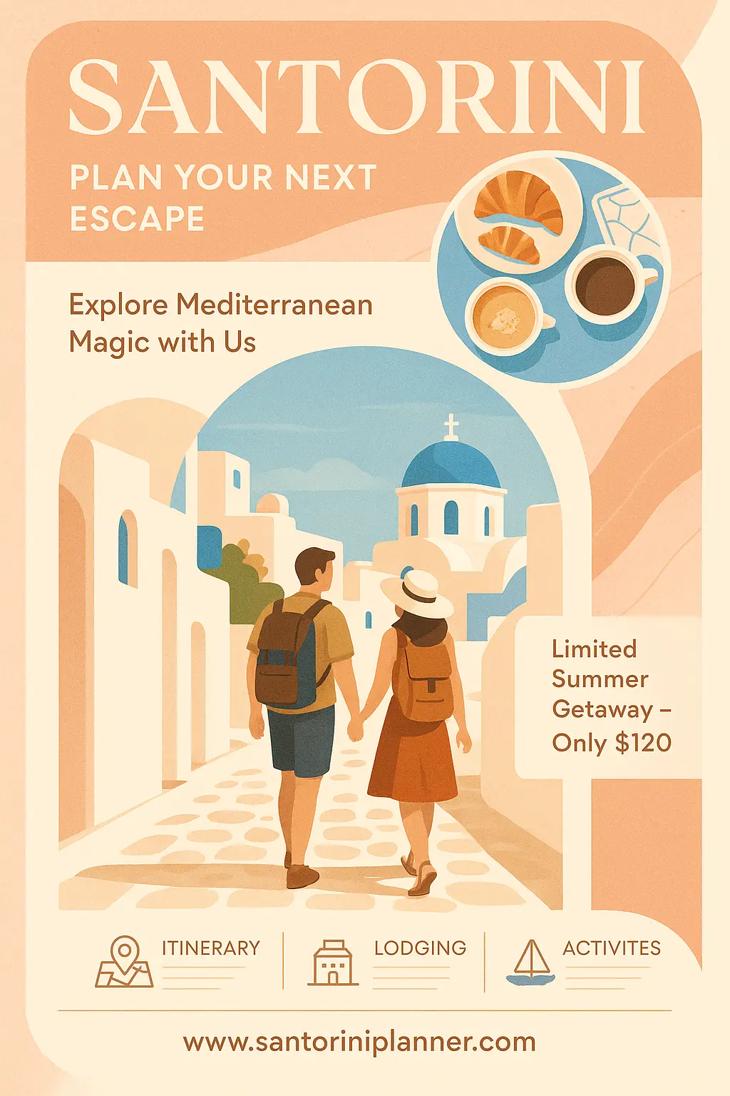 Minimalist Santorini travel poster template with couple and coastal vibe