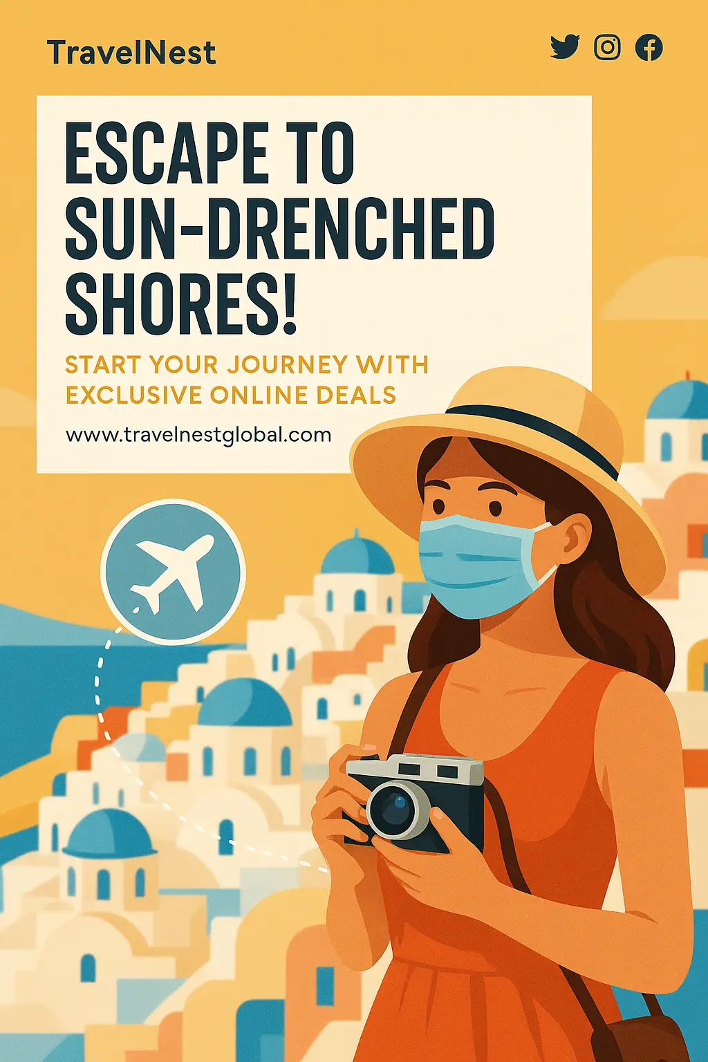 Minimalist Travel Poster template with masked tourist and vacation theme
