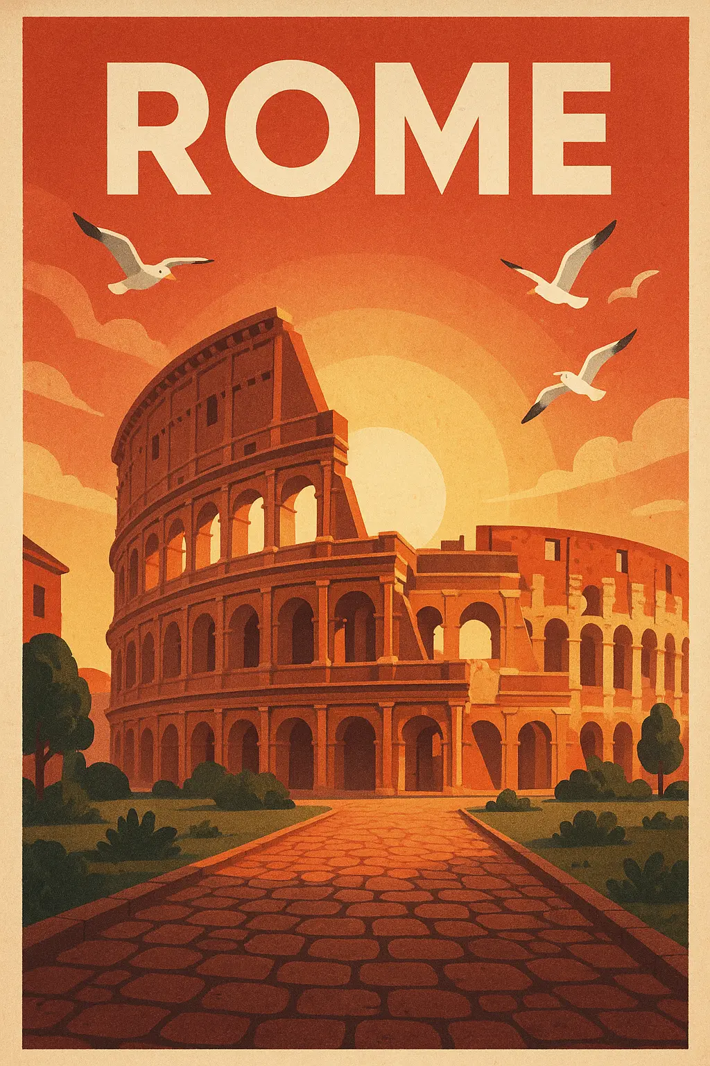 Rome Travel Poster template with Colosseum and seagulls