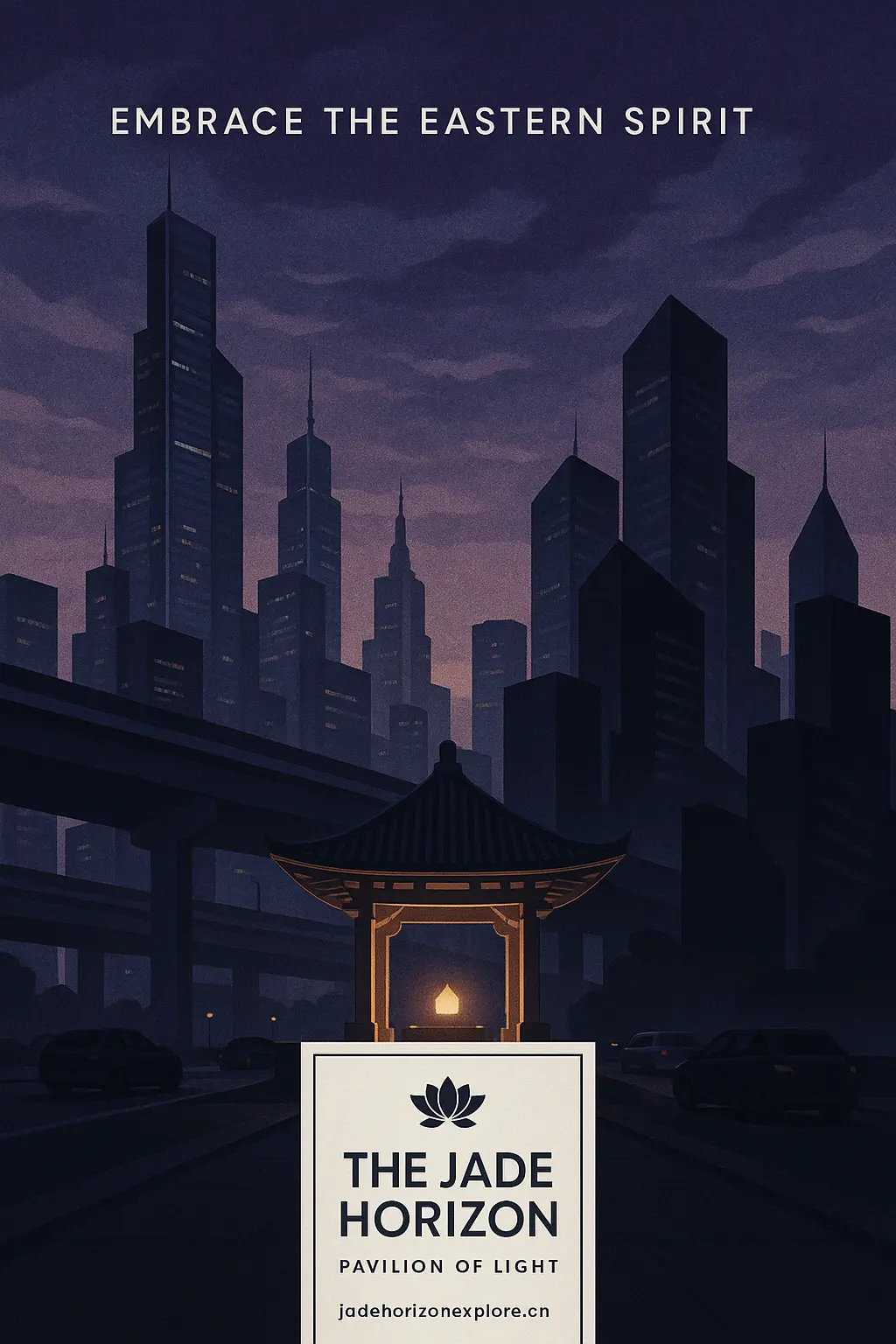 Minimalist twilight skyline Travel Poster template with bold typography