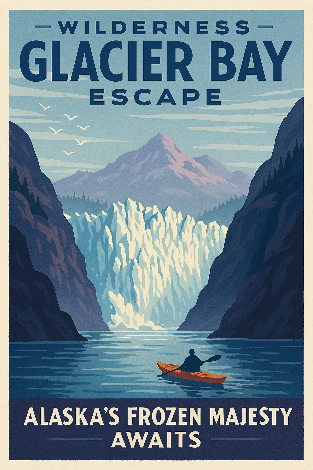 Vintage Travel Poster template of Glacier Bay with glacier and kayak