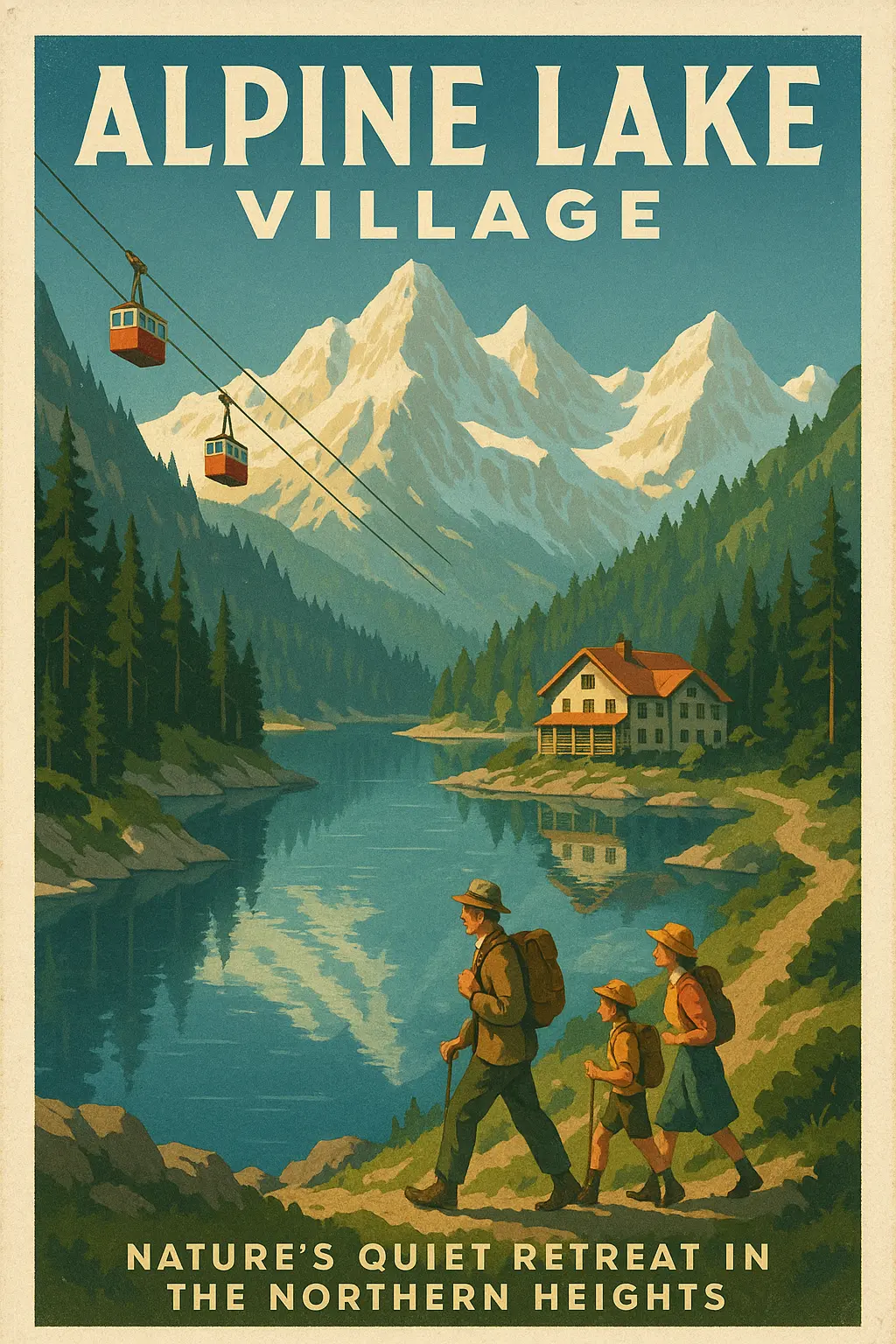 Vintage Travel Poster template with alpine lake and cable cars