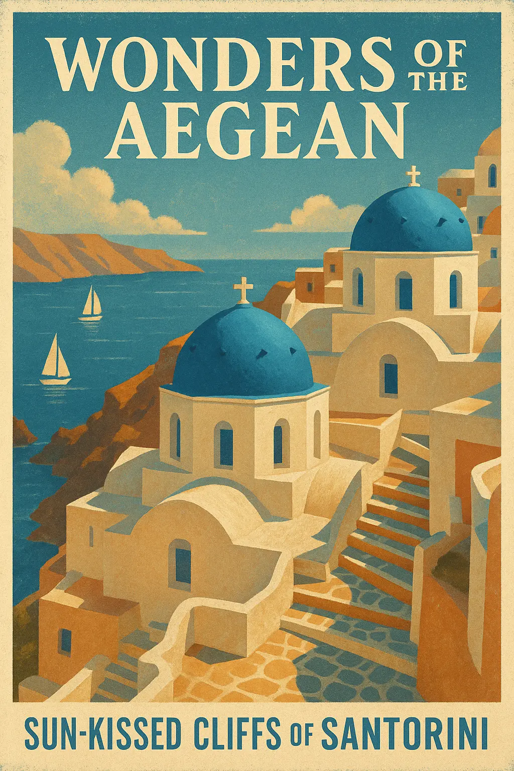 Vintage Travel Poster template of Santorini cliffside churches