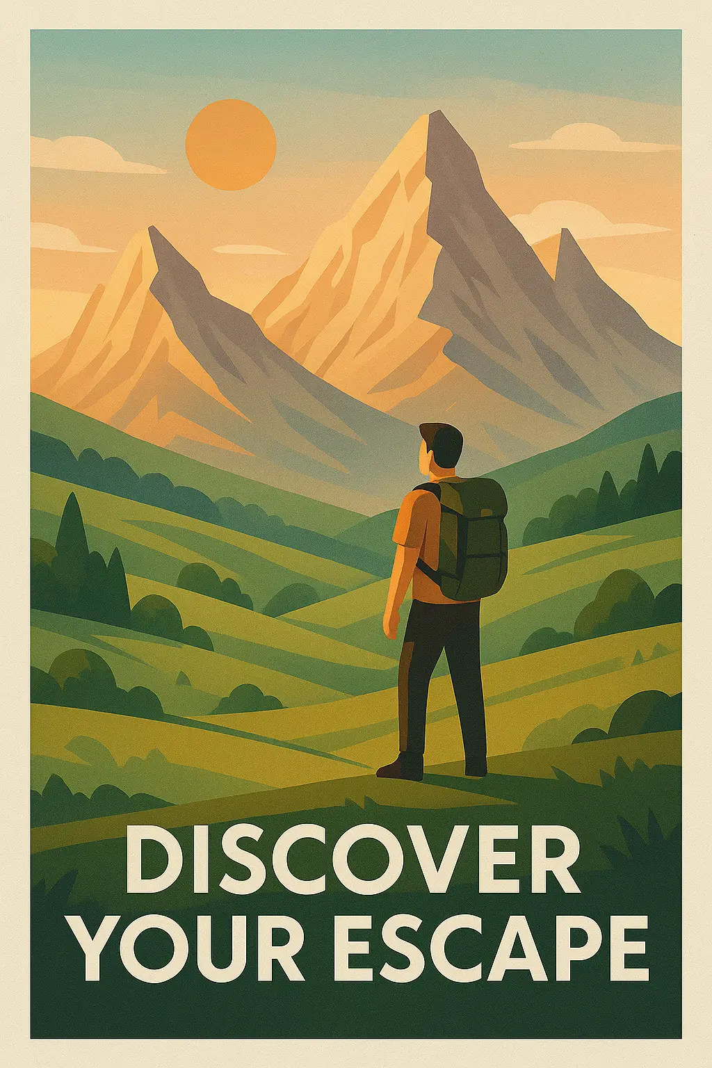 Travel Poster template with a hiker in a mountain landscape