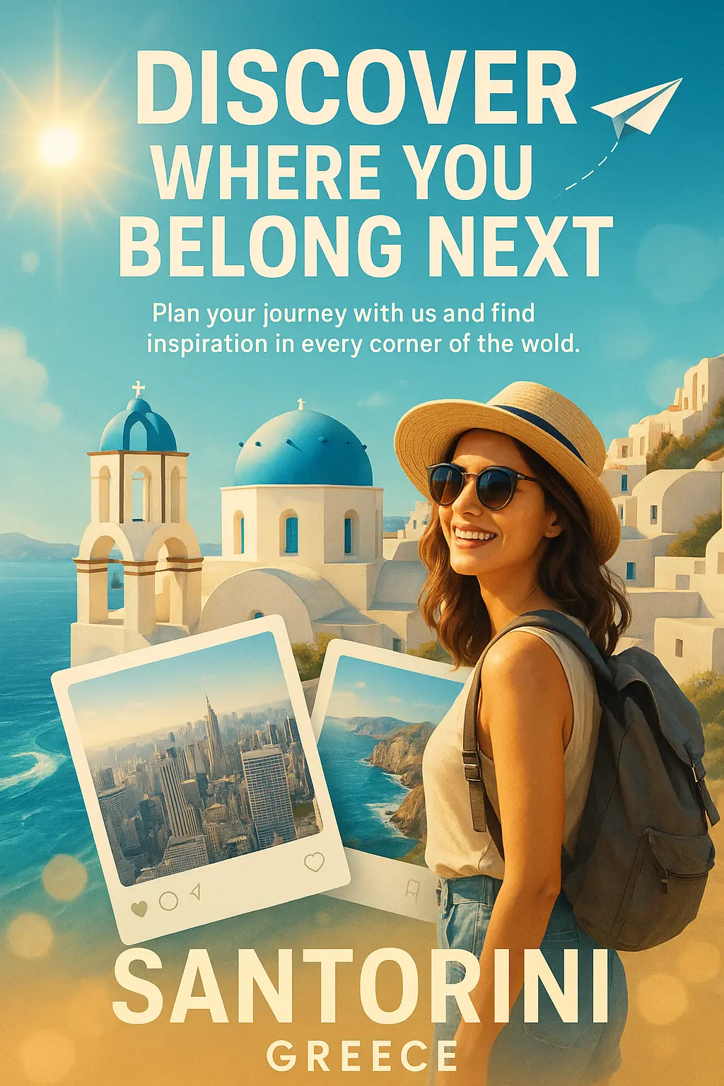 Modern Travel Poster template with Santorini theme and smiling tourist