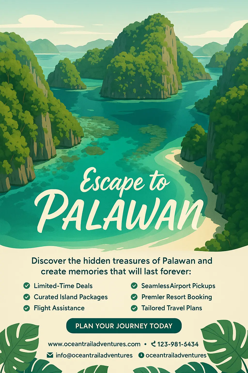 Tropical Palawan travel poster template with serene island scenery