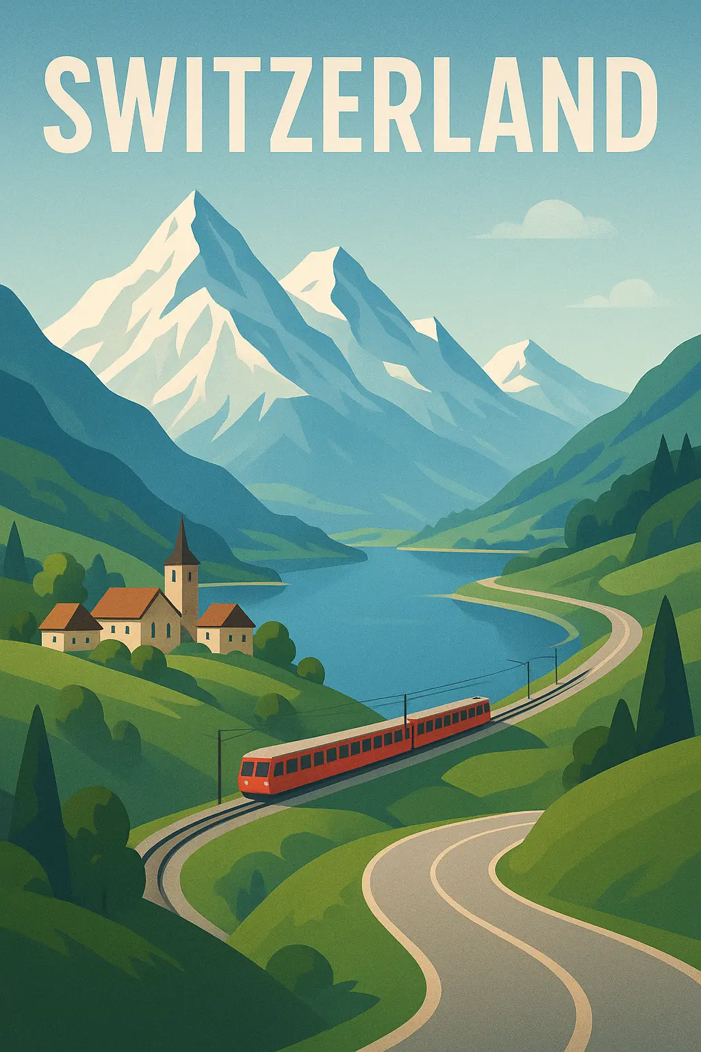 Switzerland Travel Poster template featuring Alps and villages
