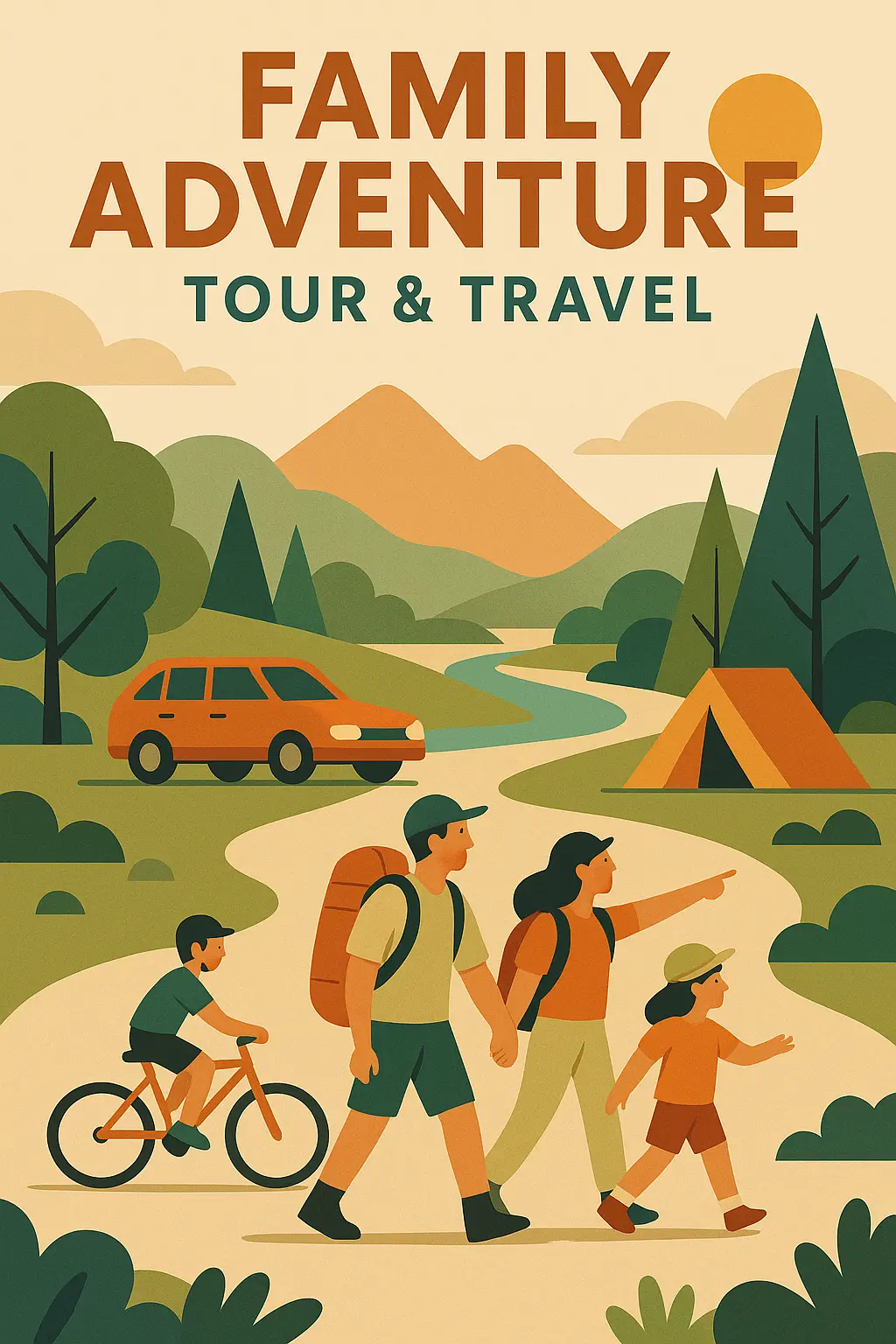 Travel Poster template for family adventure tour with car, bike, and tent