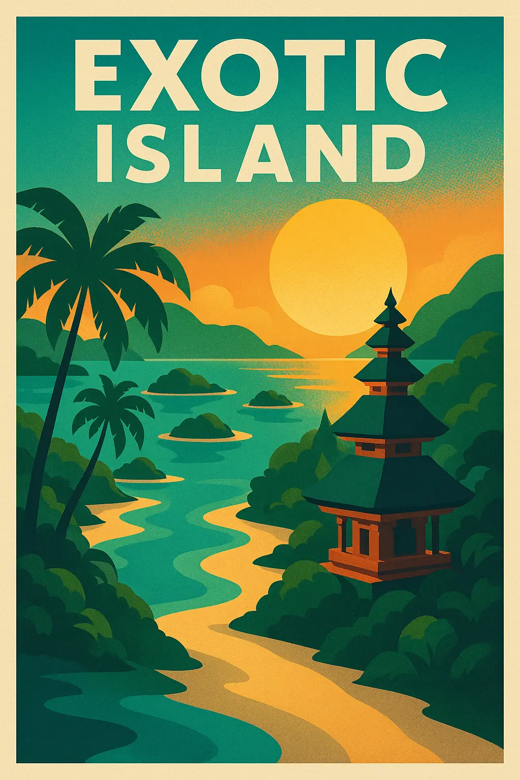 Tropical Travel Poster template featuring island landscapes and sunset