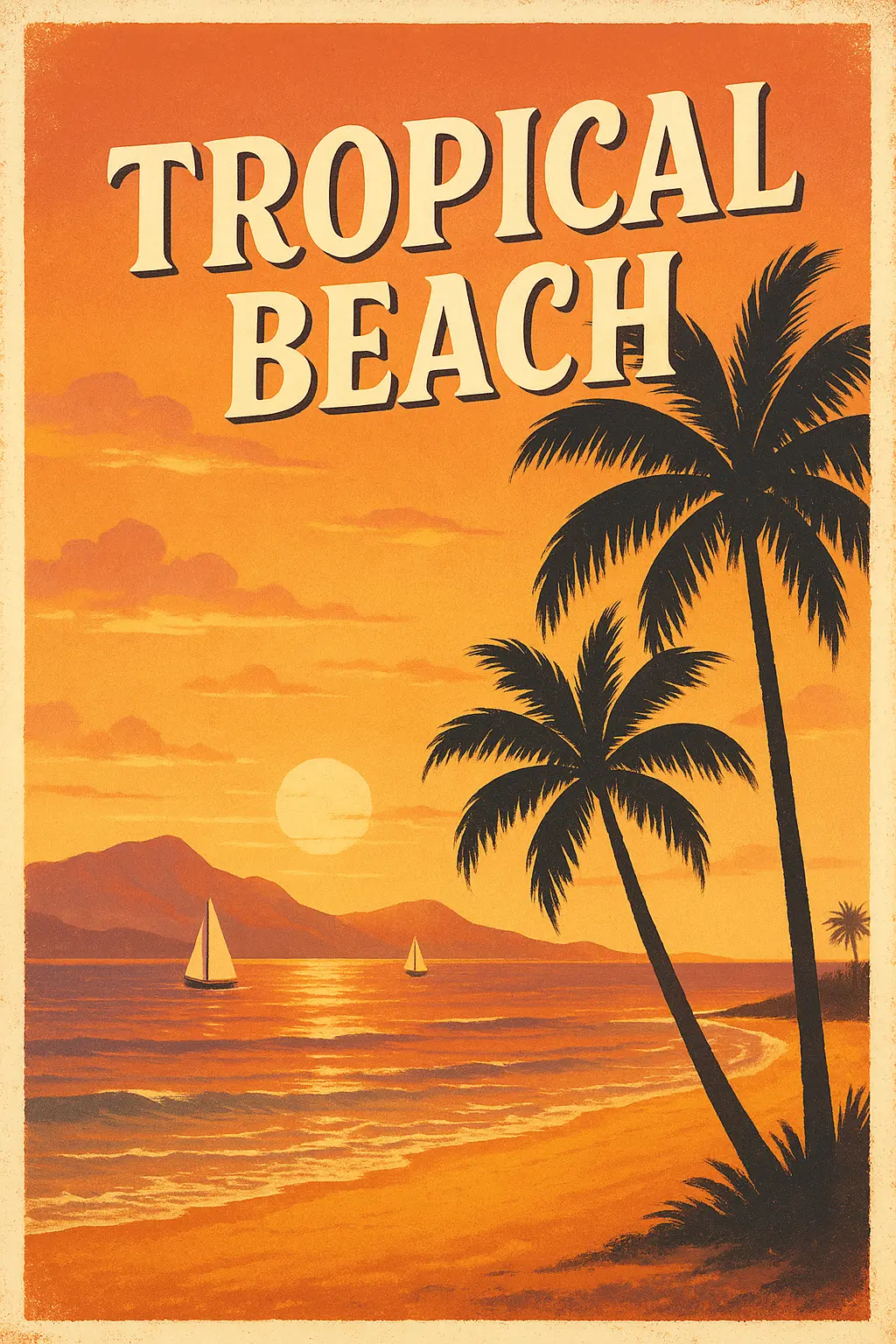 Tropical beach travel poster template with sunset lighting and palm trees