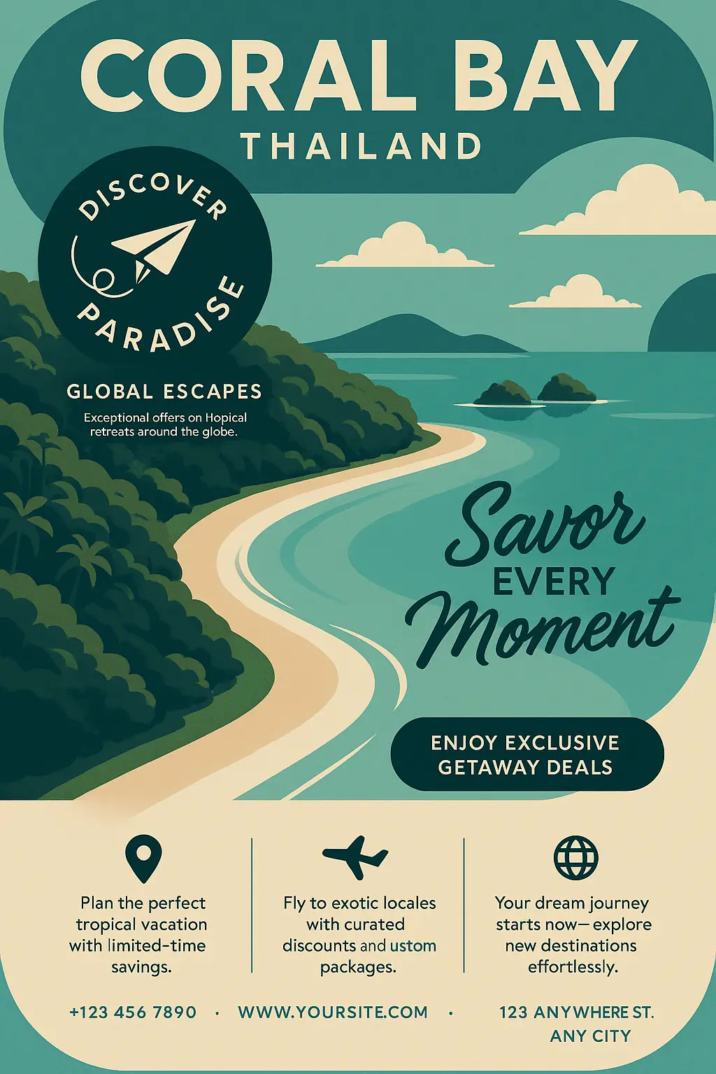 Minimalist Travel Poster template with tropical beach and getaway offer
