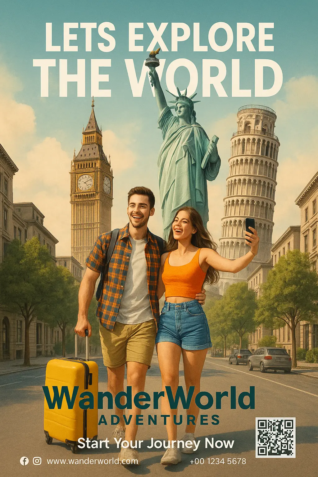 Travel Poster template with iconic landmarks and joyful tourists