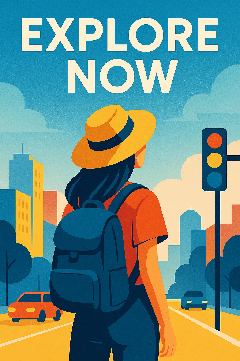 Travel Poster template featuring a woman with a backpack, minimalist urban background.