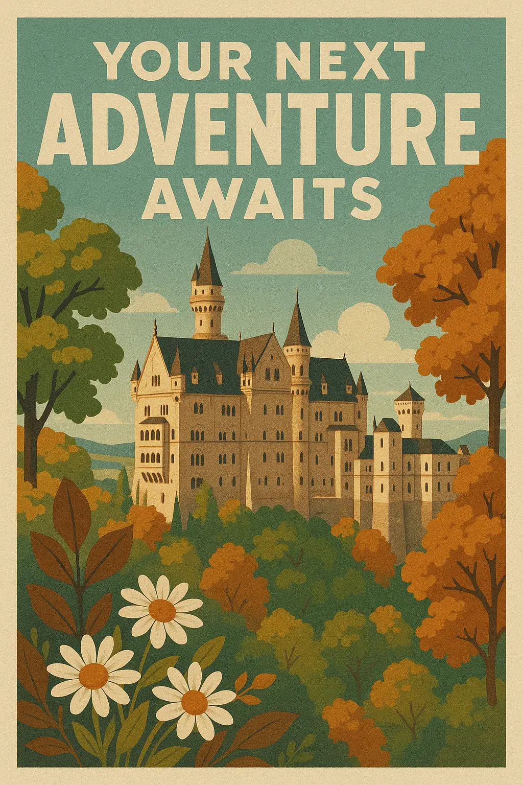 Travel Poster template with European castle and autumn foliage