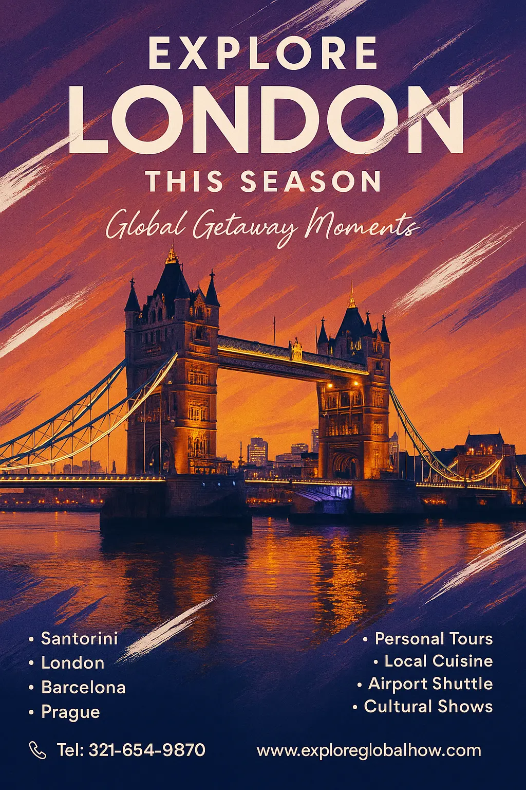 Travel Poster template with London’s Tower Bridge at sunset