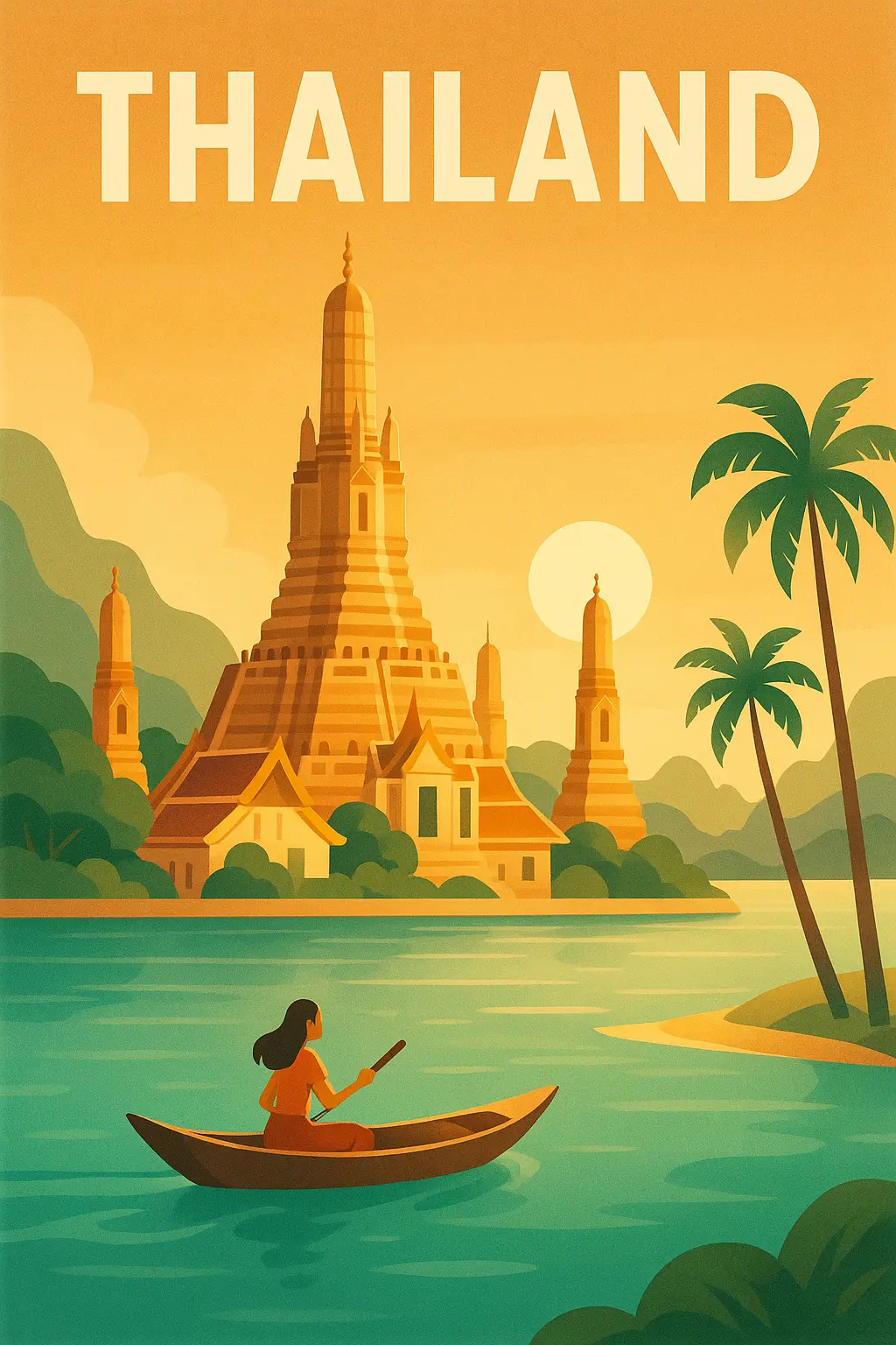 Travel Poster template featuring Thailand's Wat Arun with sunset backdrop