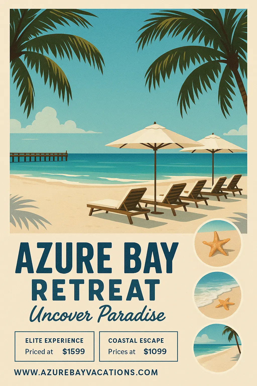 Minimalist beach Travel Poster template with lounge chairs and starfish