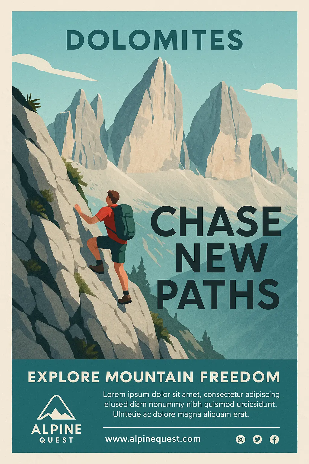 Travel Poster template with hiker in mountain landscape