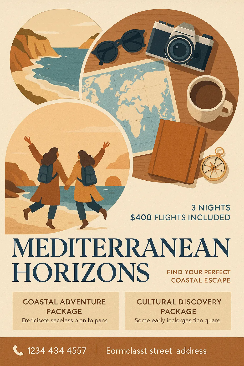 Minimalist Travel Poster template with Mediterranean beach and map layout
