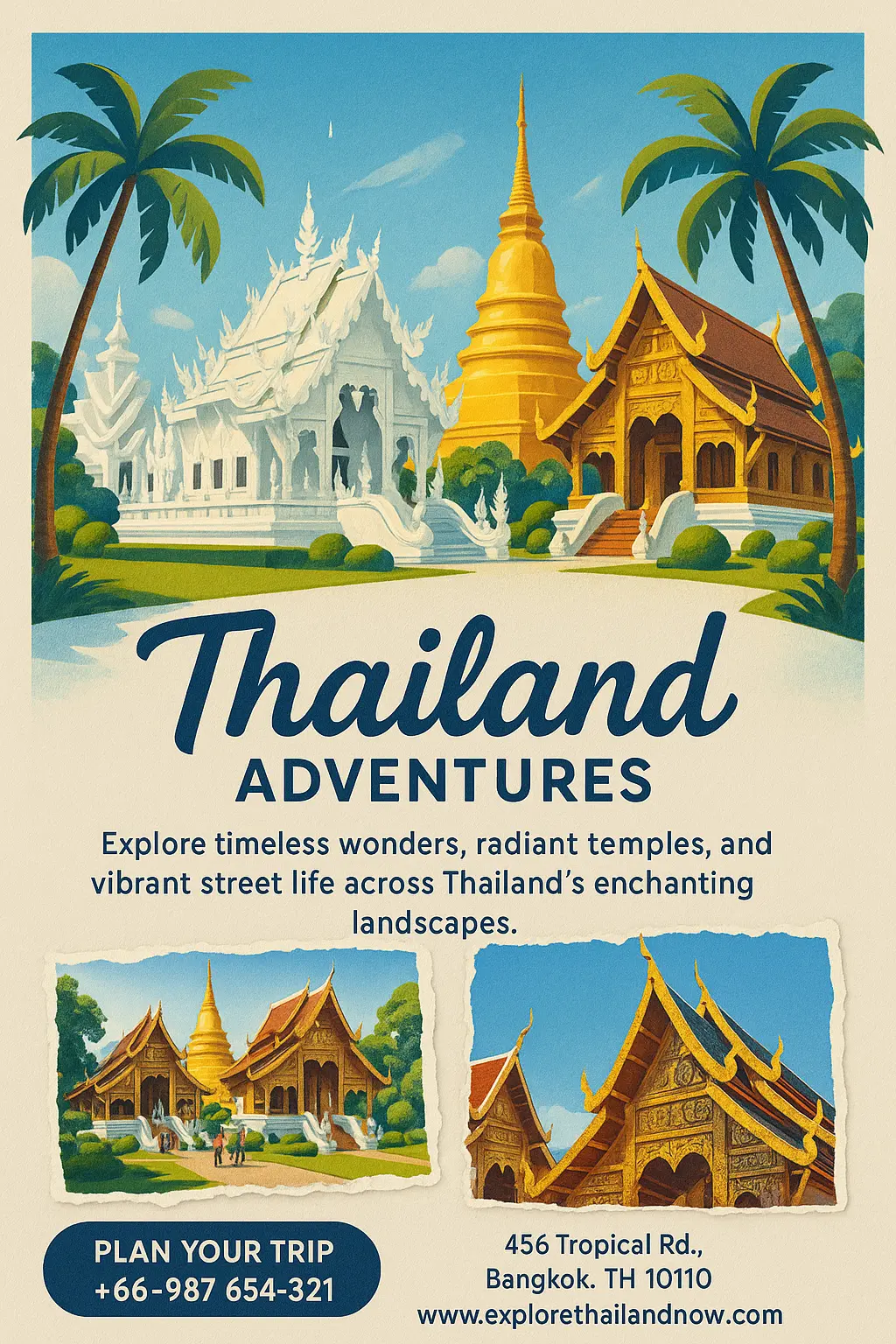 Thailand travel poster template with temples and palm trees