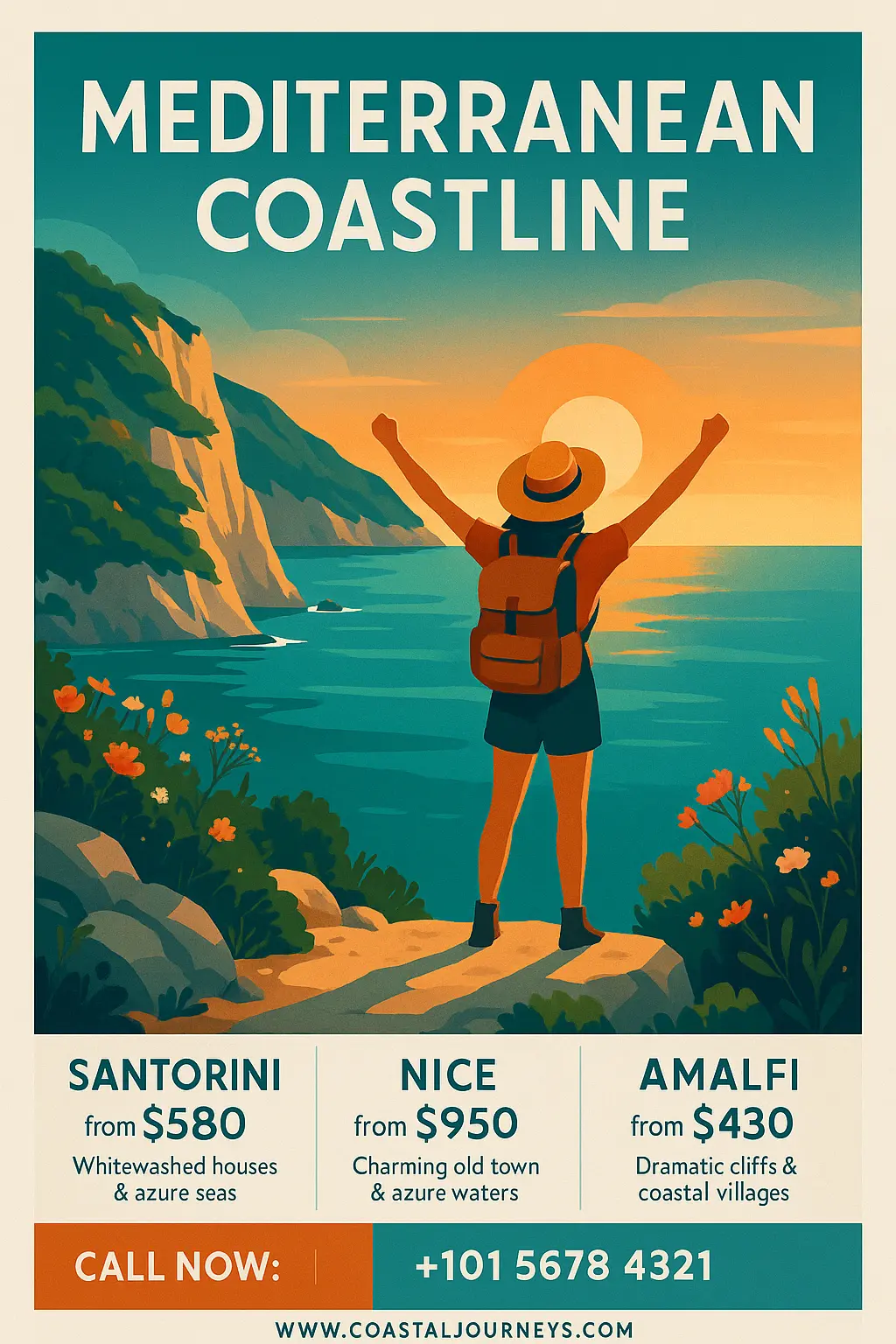 Minimalist Mediterranean Travel Poster template with sunset and tour prices