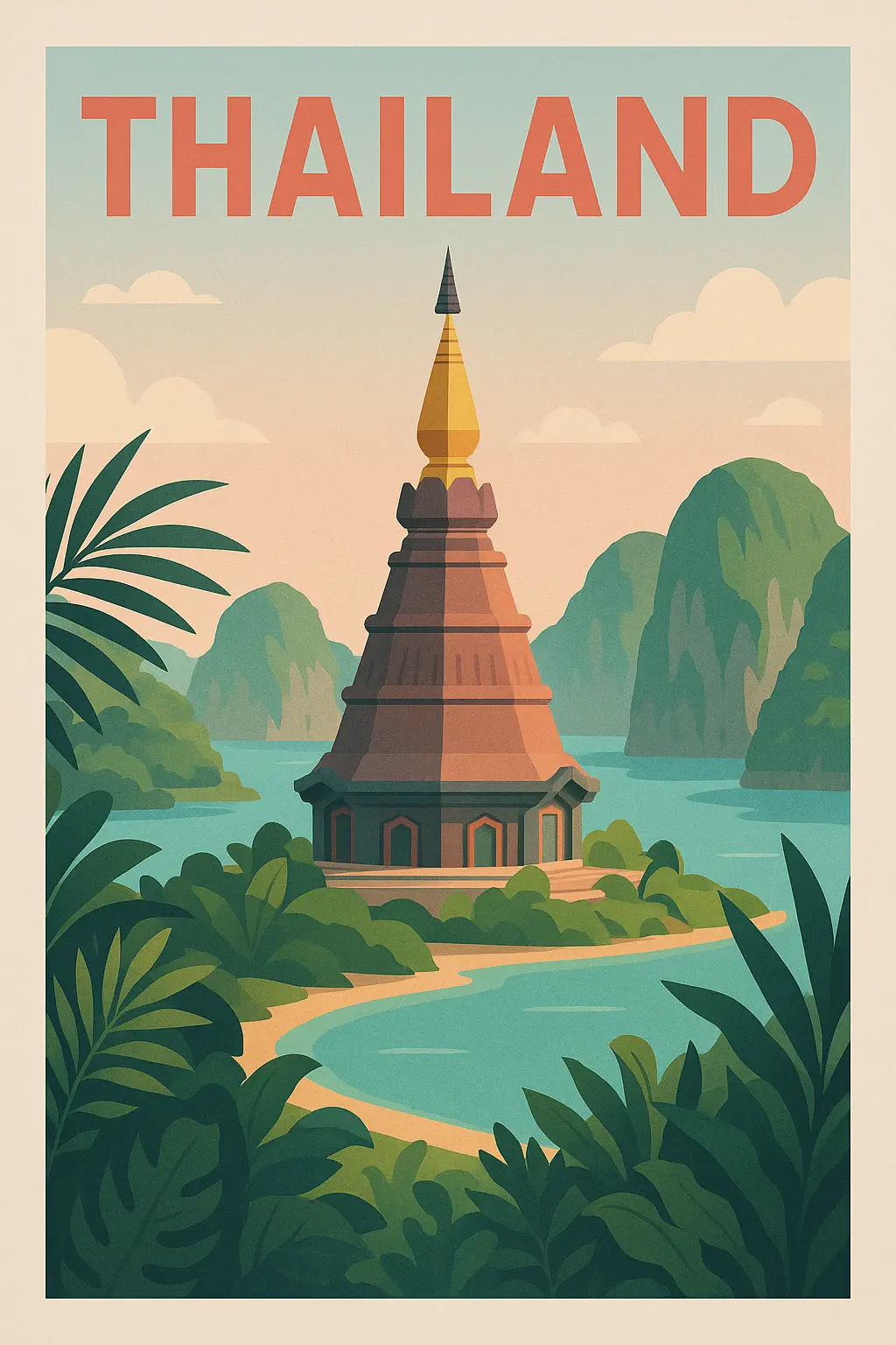 Thailand Travel Poster template featuring Pagoda Doi Inthanon and Samah Bay