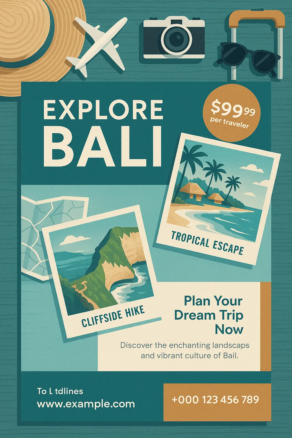 Minimalist Bali travel poster template with tropical photos and pricing
