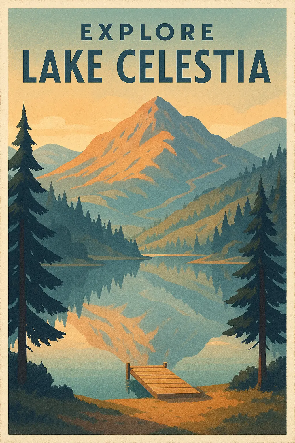 Retro Travel Poster template of serene lake sunrise