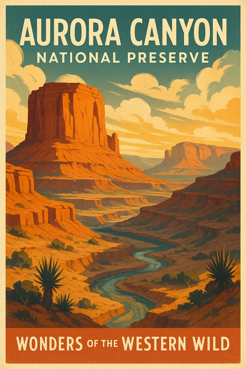 Vintage Travel Poster template of red rock canyon at sunrise