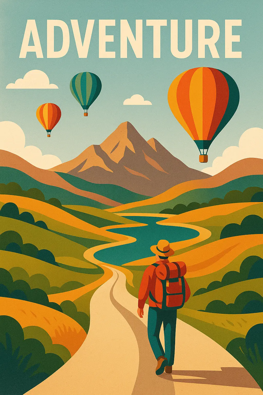 Travel Poster template showcasing adventure with landscapes, hot air balloons, and scenic outdoor views