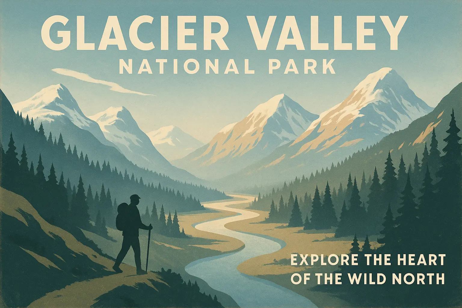 Vintage Travel Poster template of sunset cliffs and forest