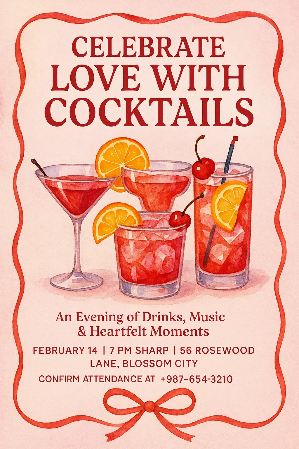 Hand-drawn Valentine's Day Poster template with cocktails and ribbon border