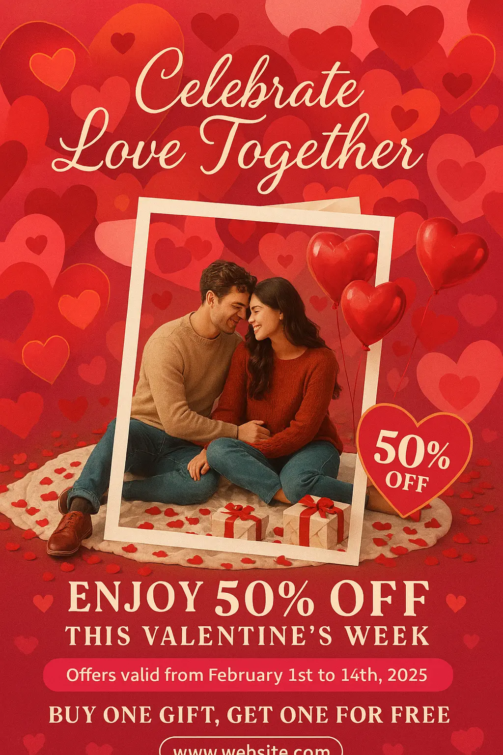 Romantic Valentine's Day Poster template with couple, hearts, and discount