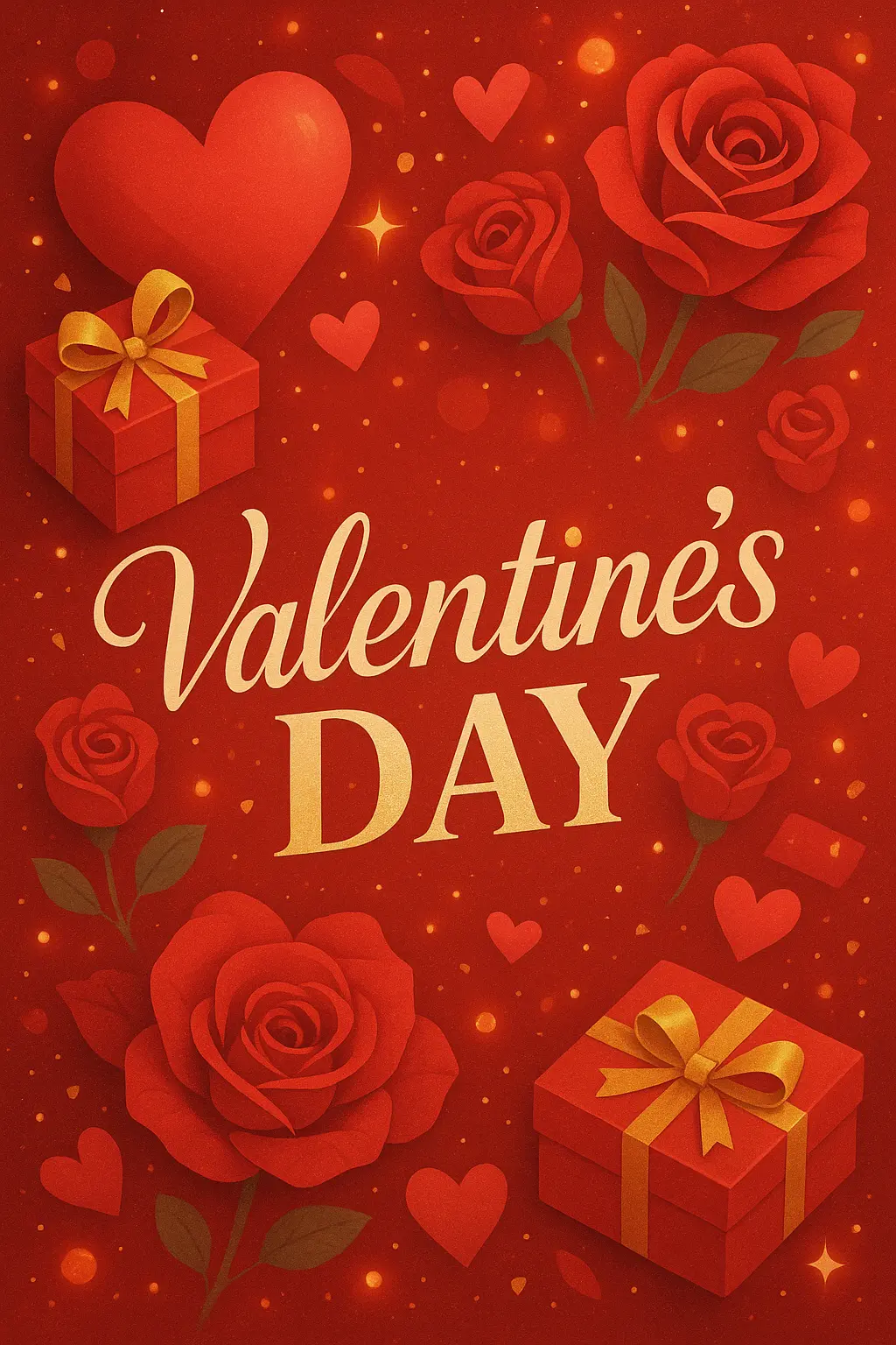 Valentine's Day Poster template with hearts, roses, and gift boxes