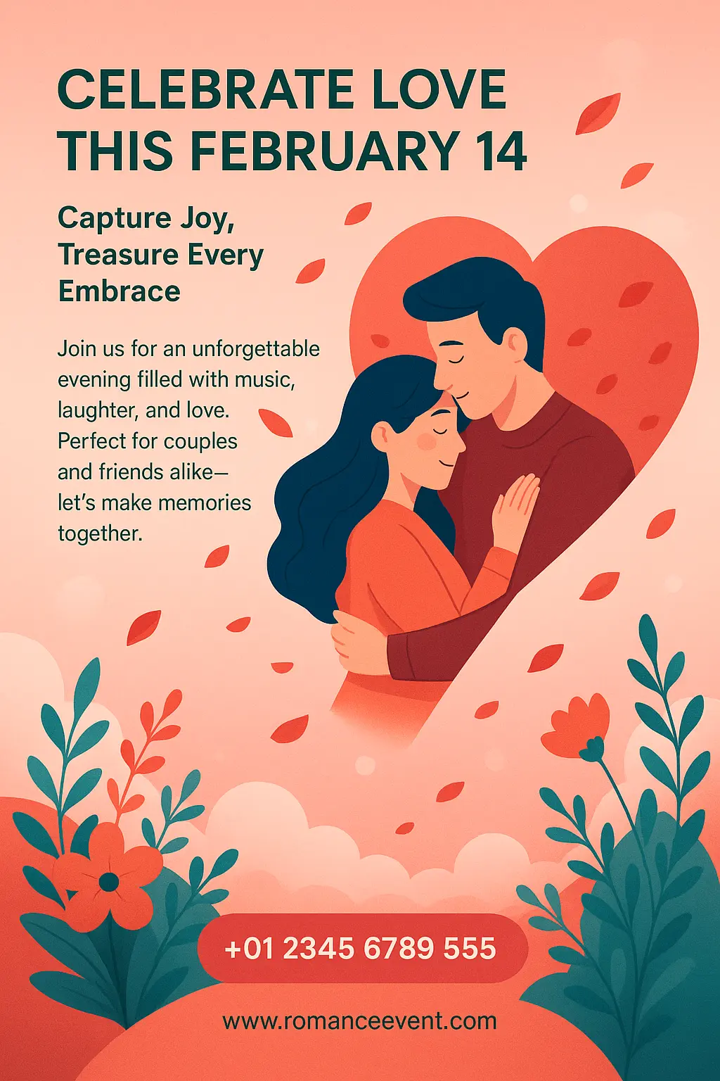 Romantic Valentine's Day Poster template with embracing couple