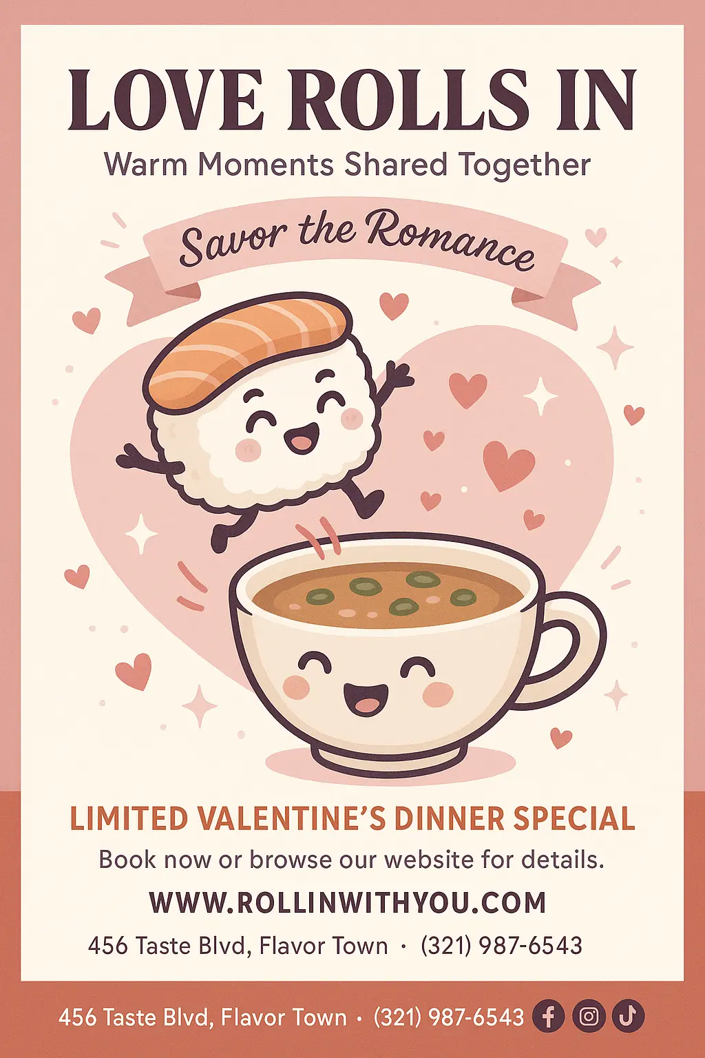 Cute Valentine's Day Poster template with sushi and soup characters
