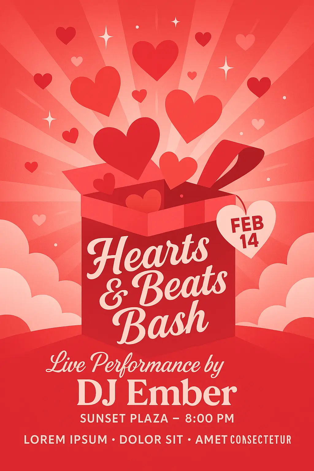 Playful Valentine's Day Poster template with hearts and concert details