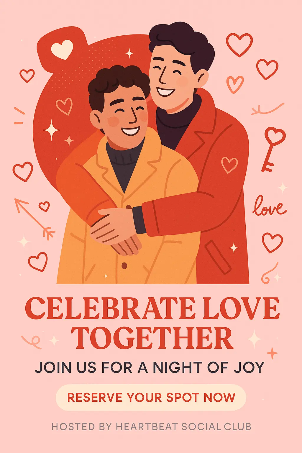 Playful Valentine's Day Poster template with embracing couple and heart icons