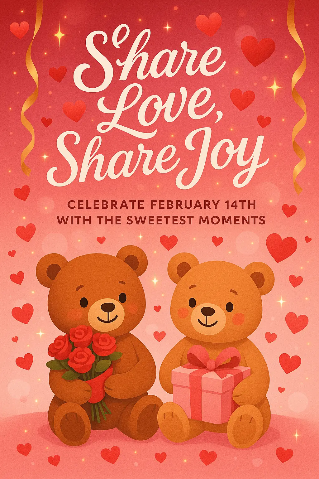 Playful Valentine's Day Poster template with teddy bears and roses