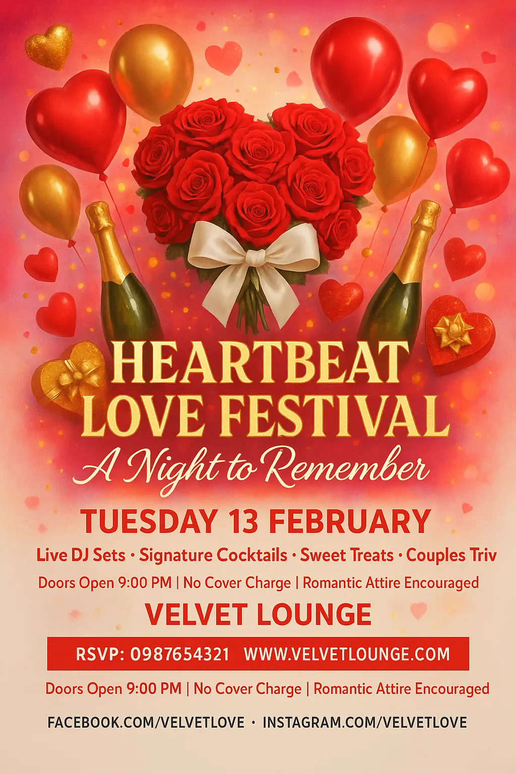 Bold Valentine's Day Poster template with roses and party icons