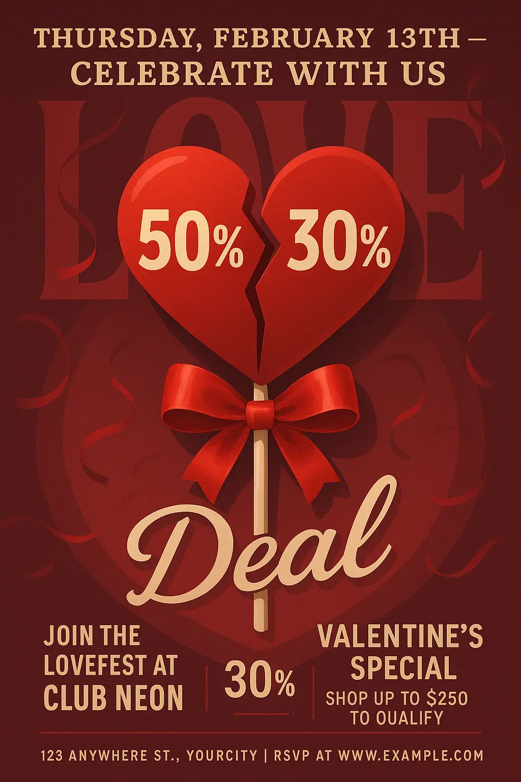 Bold Valentine's Day Poster template with split heart discount design