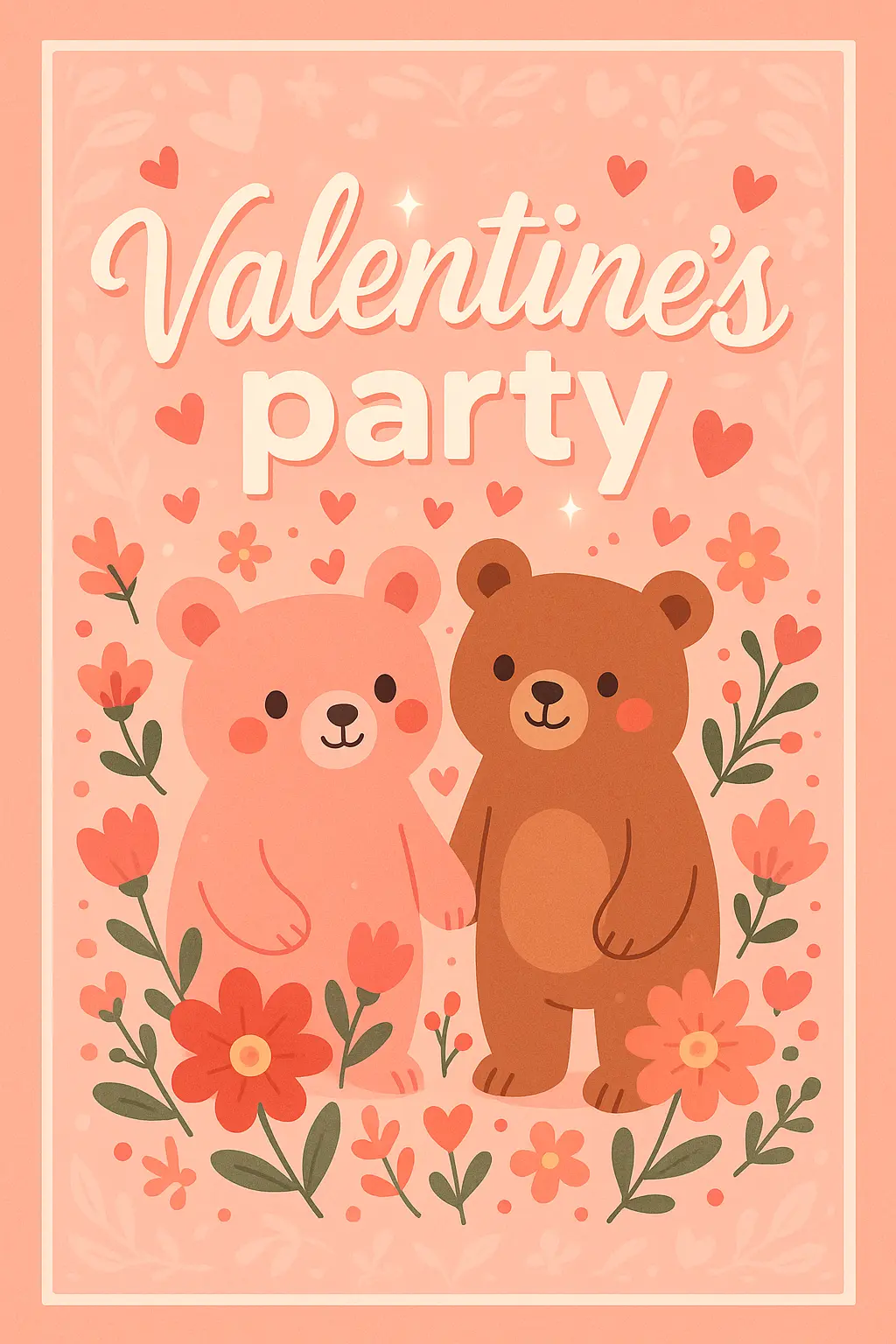 Valentine's Day Poster template with cute bears, flowers, and hearts